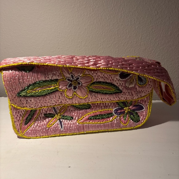 Woven Pink Floral beaded and embroidered Women Bag - Picture 1 of 5